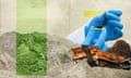 Composite image of gloved hands testing soil on a piece of glass with a large hill of dirt and machinery in the foreground