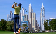 Rory McIlroy plays a shot in practice for the Dubai Desert Classic.