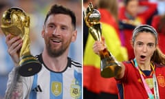 Lionel Messi of Argentina and Aitana Bonmatí  of Spain with the World Cup trophies