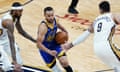 Golden State Warriors guard Stephen Curry drives past New Orleans Pelicans center Willy Hernangomez (9) and forward Brandon Ingram