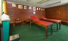 The massage room with weighing scale at the Finnish sauna in Aylesford, Kent.