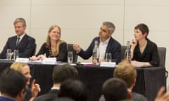 London Mayoral Hustings, London, Britain - 23 Mar 2016<br>Mandatory Credit: Photo by REX/Shutterstock (5618644r)
Zac Goldsmith (Conservative), Sain Berry (Green), Sadiq Khan (Labour) & Caroline Pidgeon (Liberal Democrats)

London Mayoral Hustings, London, Britain - 23 Mar 2016
London Mayoral Husting with Zac Goldsmith (Conservative), Sain Berry (Green), Sadiq Khan (Labour) & Caroline Pidgeon (Liberal Democrats) organised by Patchwork with a Question Time format with audience made up of 250 plus leading youth, women and community stakeholders from under represented communities held at Norton Rose Fulbright LLP next to City Hall, London, UK.