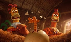 aghast animated chicken parents look on as a leg breaks out of a hatching egg in front of them