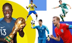 Clockwise from left: N’Golo Kante of France, Brazil’s Philippe Coutinho, Mesut Özil of Germany; England’s Harry Kane and the Iran goalkeeper Alireza Beiranvand.