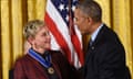 US President Barack Obama presents actress and comedian Ellen DeGeneres with the Presidential Medal of Freedom, the nation's highest civilian honor, during a ceremony honoring 21 recipients, in the East Room of the White House in Washington, DC, November 22, 2016. / AFP PHOTO / SAUL LOEBSAUL LOEB/AFP/Getty Images