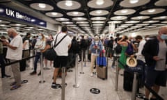 Passengers arriving at UK Border Control, Heathrow airport, London