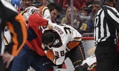 Garnet Hathaway (21) fights Anaheim Ducks center Derek Grant (38) during the second period of Monday’s game