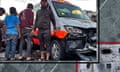 Montage over satellite imagery of northern Gaza, showing a damaged ambulance outside al-Shifa, Damage to outer walls of Gaza's Psychiatric hospital, and Gaza International Eye Hospital reduced to rubble