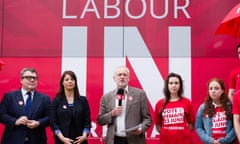 Tom Watson, Gloria De Piero, and Jeremy Corbyn in front of the Labour In for Britain campaign bus.