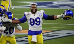 Los Angeles Rams defensive end Aaron Donald celebrates after winning Super Bowl LVI against the Cincinnati Bengals in February 2022.