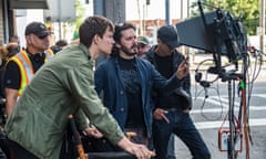 Cast and crew members of Baby Driver on location