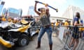 A Predators gives a Pittsburgh Penguins car some panel beating before Game 6