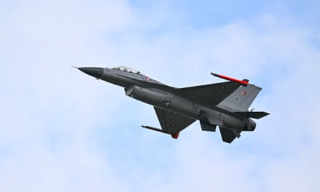 A Danish air force F-16 at the Farnborough airshow in the UK on 26 July