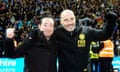 Enzo Maresca and Leicester’s chairman, Aiyawatt Srivaddhanaprabha, celebrate securing the Championship title at Preston on 29 April