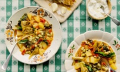 Rachel Roddy’s scafata, or spring vegetable stew, with seasoned ricotta and garlic and oil toasts.