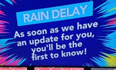 A screen showing a rain delay message during the ICC Women’s T20 Cricket World Cup match between Pakistan and Thailand on Tuesday.