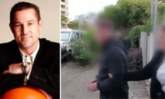 Composite image featuring (L-R) Alexander Csergo as seen on Linkedin and Csergo being arrested in Bondi, Sydney, Australia.
