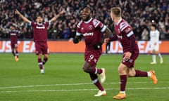 Michail Antonio celebrates his second goal of the night for West Ham.