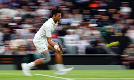 Novak Djokovic pings over a forehand return to Alexei Popyrin.