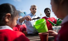 Sadiq Khan with pupils on a visit to Sir John Cass’s Foundation primary school in London