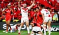 England's Chris Hill celebrates beating Tonga in the Rugby League World Cup semi-finals