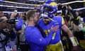 Los Angeles Rams head coach Sean McVay, left, embraces quarterback Baker Mayfield after the Rams defeated the Las Vegas Raiders 17-16 in an NFL football game Thursday, Dec. 8, 2022, in Inglewood, Calif. (AP Photo/Mark J. Terrill)