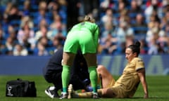 Lucy Bronze receives treatment on her right knee during Barcelona’s Champions League semi-final first leg against Chelsea at Stamford Bridge