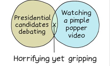 A Venn diagram with ‘Presidential candidates debating’ in one circle and ‘Watching a pimple popper video’ in the other, with the caption ‘Horrifying yet gripping’
