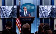 Coordinator for Strategic Communications at the National Security Council in the White House John Kirby<br>epa10418782 Coordinator for Strategic Communications at the National Security Council in the White House John Kirby speaks beside monitors depicting images that the White House says show North Korean arms being transported by Russian railcars, during a news briefing in the James Brady Press Briefing Room of the White House in Washington, DC, USA, 20 January 2023. The United States will impose new sanctions against Russian private military company, Wagner Group; and will declare it a 'Transnational Criminal Organization' for aiding Russia's effort in the war in Ukraine. EPA/MICHAEL REYNOLDS