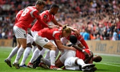 Salford City celebrate Mani Dieseruvwe’s opening goal in their National League play-off final win against Fylde at Wembley