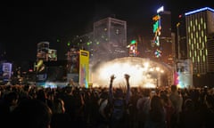 A crowd enjoys a set by The Chemical Brothers, the headline<br>CENTRAL, HONG KONG, HONG KONG SAR, CHINA - 2016/11/27: A crowd enjoys a set by The Chemical Brothers, the headline act of Hong Kong’s Clockenflap festival, 2016. (Photo by Stefan Irvine/LightRocket via Getty Images)