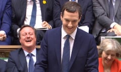 George Osborne, David Cameron and Theresa May laugh as the chancellor delivers his 2016 budget speech