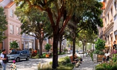 A created image of trees, buildings and people on the sidewalk.