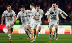 Shakhtar Donetsk players celebrate against Rennes on the eve of the anniversary of the war in Ukraine.