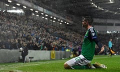 Northern Ireland’s Kyle Lafferty celebrates opening the scoring at Windsor Park.