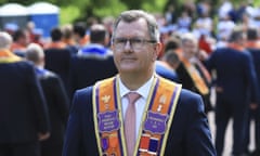 Jeffrey Donaldson leader of the Democratic Unionist Party joins the parade with the Orange Order at Parliament Buildings, Stormont, in Belfast, Northern Ireland, Saturday, May 28, 2022.