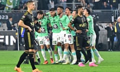 FBL-CONCACAF-LAFC-LEON<br>Club Leon of Mexico players celebrate their 1-0 victory over LAFC in the second leg of the CONCACAF SCCL Final match at the BMO Stadium in Los Angeles, June 4, 2023. (Photo by Frederic J. BROWN / AFP) (Photo by FREDERIC J. BROWN/AFP via Getty Images)