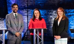 Humza Yousaf, Kate Forbes and Ash Regan on set before taking part in the SNP leadership debate, broadcast on Channel 4.
