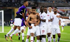 AFC Asian Cup - Final - Japan v Qatar<br>Soccer Football - AFC Asian Cup - Final - Japan v Qatar - Zayed Sports City Stadium, Abu Dhabi, United Arab Emirates - February 1, 2019  Qatar's Akram Afif celebrates scoring their third goal with Almoez Ali and team mates   REUTERS/Thaier Al-Sudan’