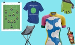 Left to right: Prezzybox Arsenal 1989 Poster, Sitpack Campster Portable Chair, Jack Leach Headingley t-shirt by Punk Cricket, Paria Women's Cycling Jersey featuring the designs of Bobbi Rae, Castelli Entrata V Glove, Bohemian brands beaded bottles of gin/vodka