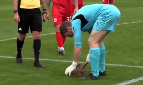 Goalkeeper fixes hole in pitch mid-match with conveniently placed shovel and dirt – video 