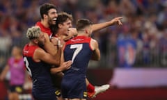 Luke Jackson of the Demons celebrates after scoring a goal during the 2021 Toyota AFL Grand Final match between the Melbourne Demons and the Western Bulldogs at Optus Stadium.