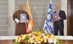 The Bhutanese and Israeli ambassadors to India at a ceremony to establish diplomatic relations between their two countries, held in the Israeli embassy in New Delhi, India.