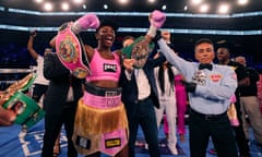 Claressa Shields celebrates after defeating reigning WBC women's heavyweight champion Vanessa Lepage-Joanisse