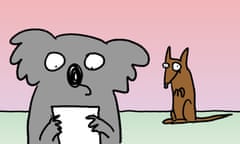 CFFMEU koala reading a letter, while a kangaroo looks on