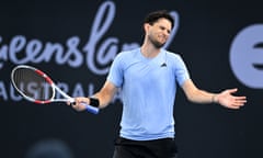 Dominic Thiem grimaces with his arms outstretched during his Brisbane International qualifier against James McCabe