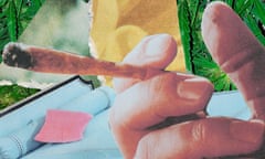 hand holding a joint over a background showing a brightly colored bed and cannabis leaves