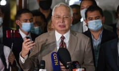 Malaysia Kuala Lumpur Najib Verdict - 28 Jul 2020<br>Mandatory Credit: Photo by Xinhua/REX/Shutterstock (10725567f) Former Malaysian Prime Minister Najib Razak speaks to the media before he leaves the court in Kuala Lumpur, Malaysia, July 28, 2020. Former Malaysian Prime Minister Najib Razak was found guilty of abuse of power, criminal breach of trust and money laundering on Tuesday in a case related to SRC International, a former unit of state investment fund 1Malaysia Development Berhad (1MDB). The verdict is the first in several corruption trials against Najib. Malaysia Kuala Lumpur Najib Verdict - 28 Jul 2020