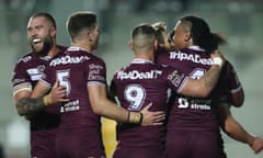 The Sea Eagles celebrate Daly Cherry-Evans’ try during the NRL match between Manly and Parramatta