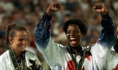 Carla Overbeck, left, and Briana Scurry celebrate the US victory in the women’s football final at the 1996 Olympics